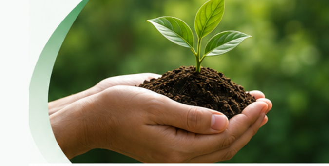 Hands holding a growing green seedling in rich soil